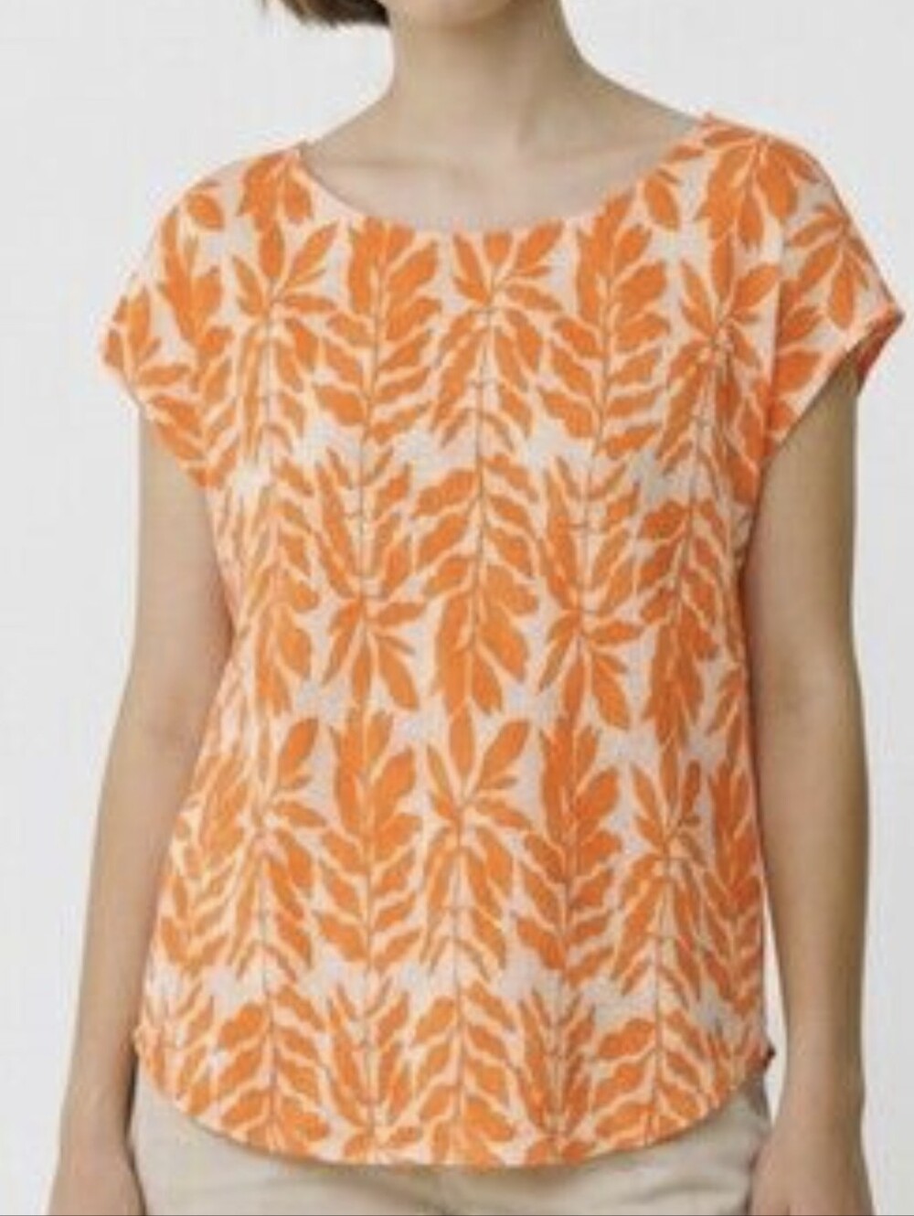 Rachel Zoe Leaf-Print Linen Short Sleeve Top Womens XL Coral Boho Retro Casual